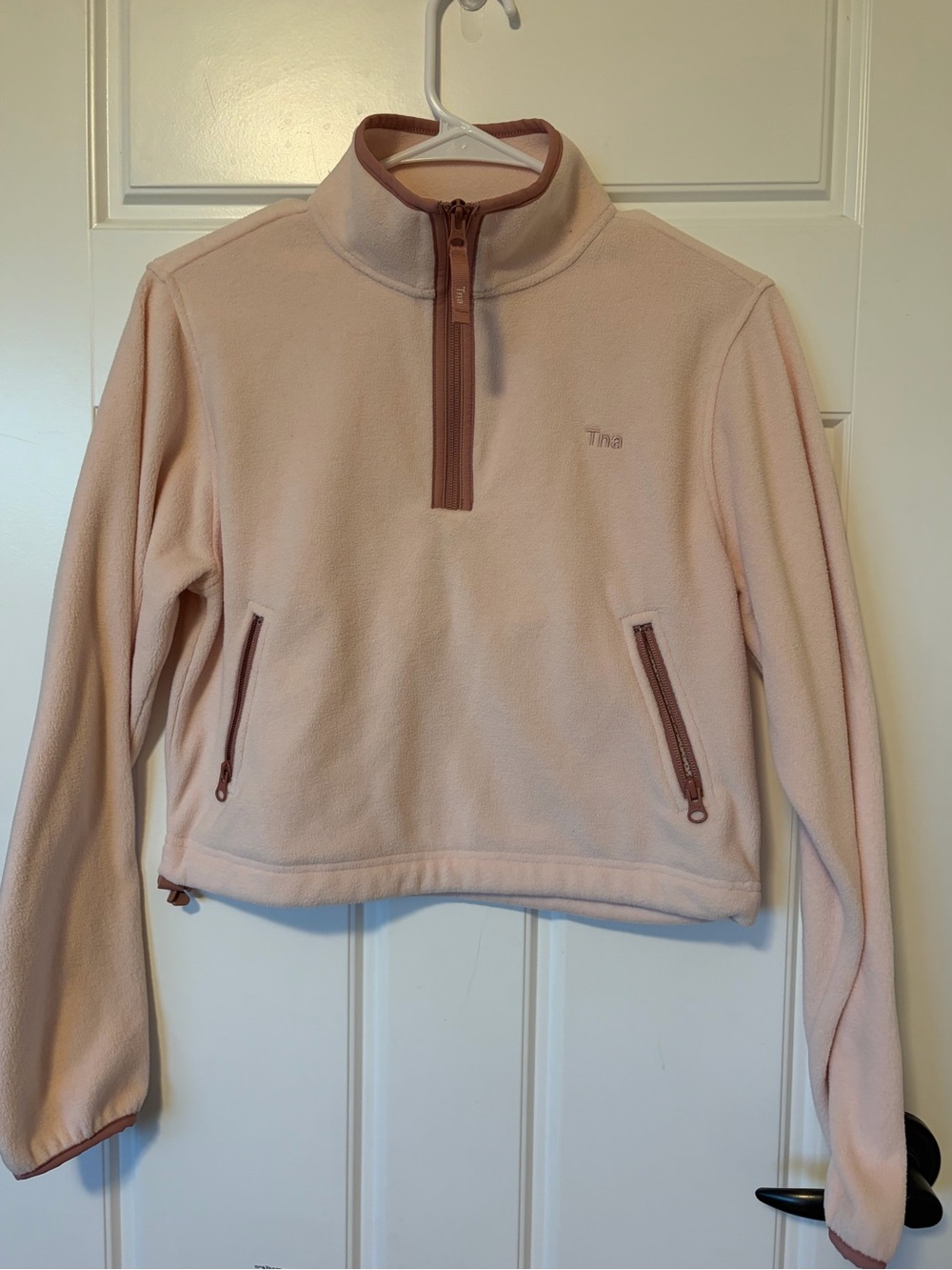 TNA Light Pink Half-Zip Fleece Pullover with Rose Trim